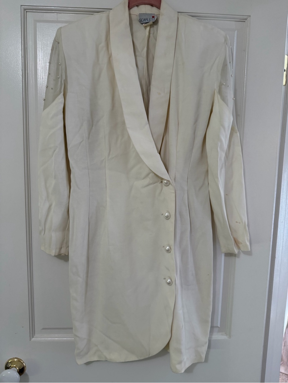 Scarlett Ivory Longline Blazer Dress with Pearl Buttons and Shoulder Detail